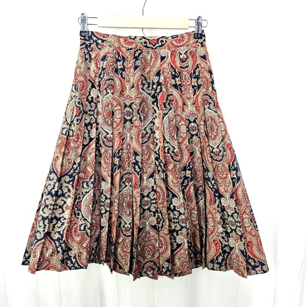 Vintage Evan-Picone Paisley Print A-Line Pleated Skirt red navy taupe small Fall
